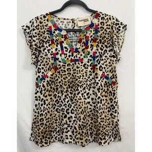Savanna Jane Leopard Print Boho Top Colorful Blouse Peasant‎ Womens Size S